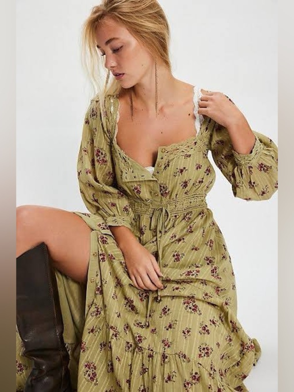 Free People Garden Meadows Floral Crochet Maxi Dress Sage Green XL